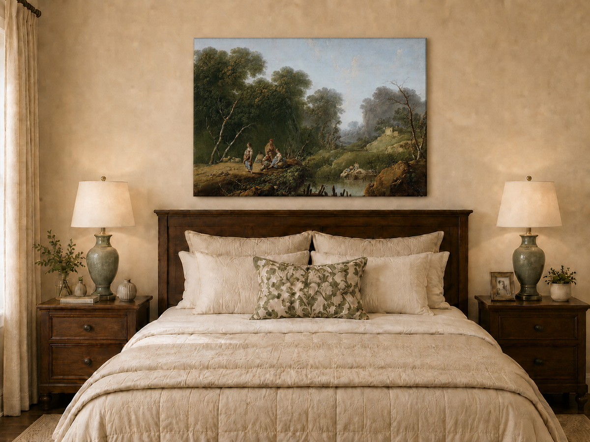 Landscape Oil Painting - Wooded River Valley with Figures