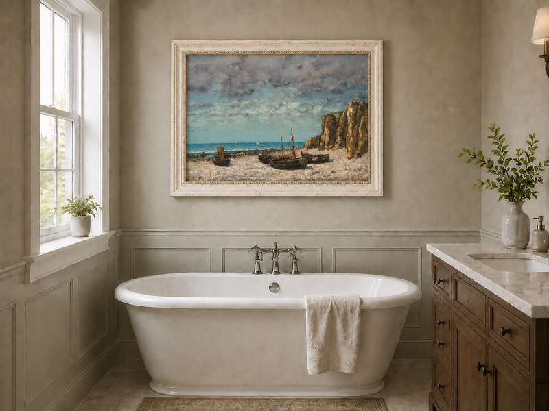 Landscape Oil Painting - Coastal Boats on Rocky Shore