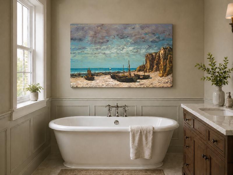 Landscape Oil Painting - Coastal Boats on Rocky Shore
