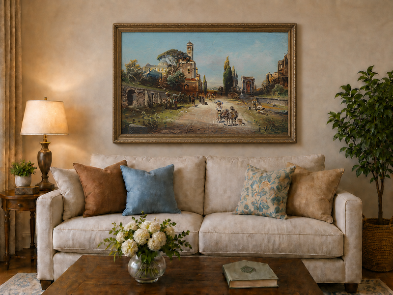 Landscape Oil Painting - Italian Town Street: Historic Buildings