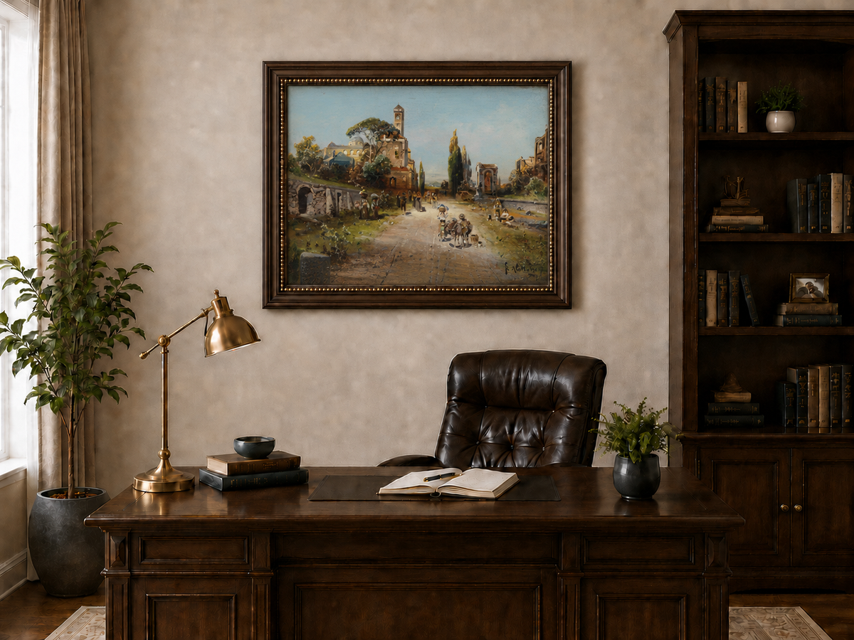 Landscape Oil Painting - Italian Town Street: Historic Buildings