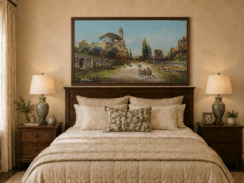 Landscape Oil Painting - Italian Town Street: Historic Buildings