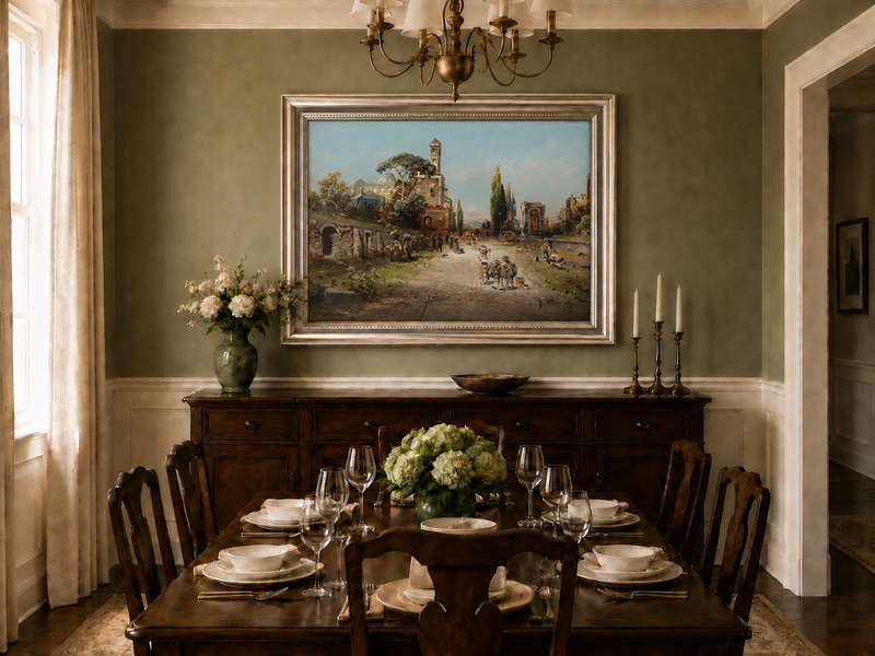 Landscape Oil Painting - Italian Town Street: Historic Buildings
