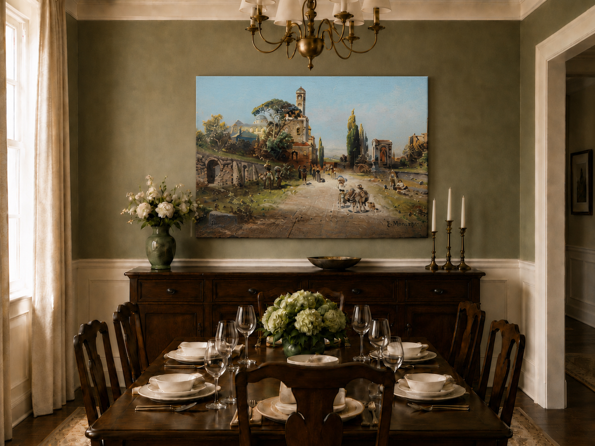 Landscape Oil Painting - Italian Town Street: Historic Buildings
