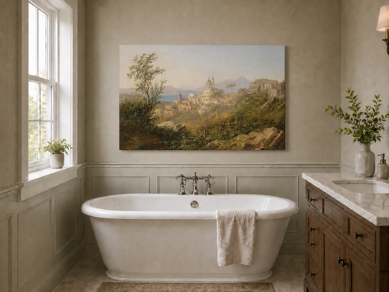 Landscape Oil Painting - Mediterranean Coastal Hill Town