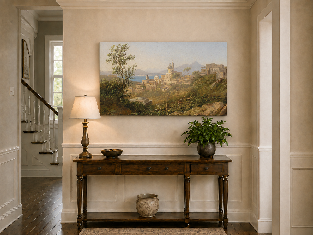 Landscape Oil Painting - Mediterranean Coastal Hill Town