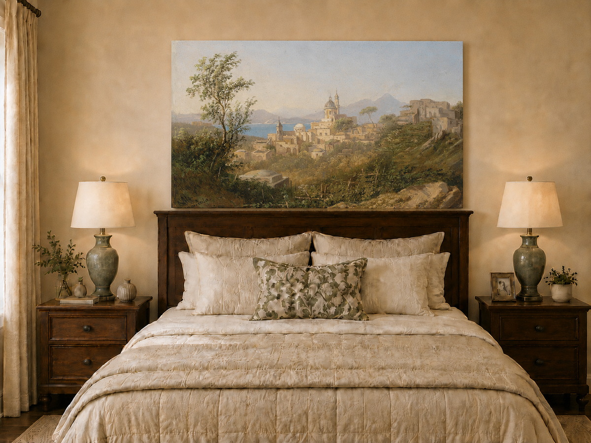 Landscape Oil Painting - Mediterranean Coastal Hill Town