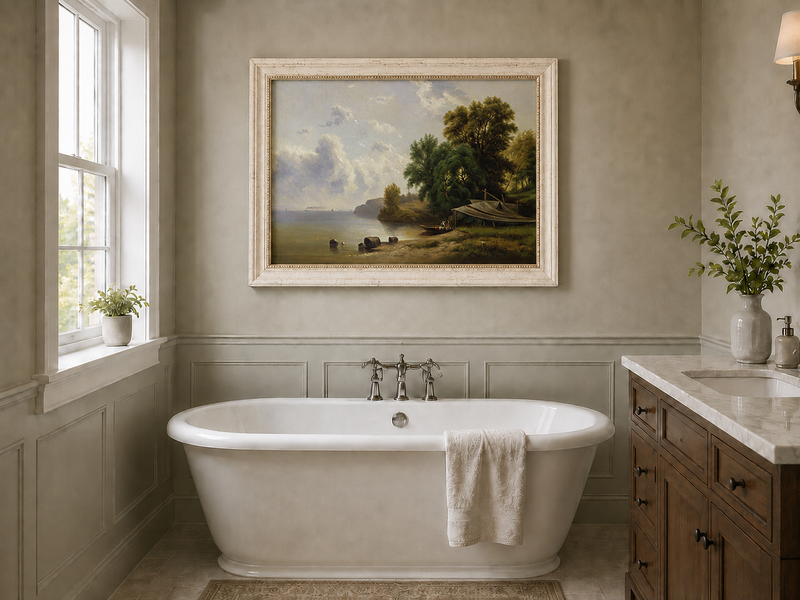 Landscape Oil Painting - Quiet Lakeshore with Boathouse View