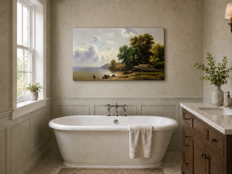 Landscape Oil Painting - Quiet Lakeshore with Boathouse View