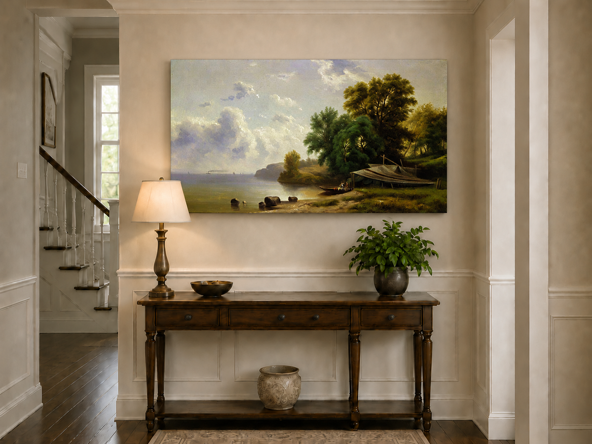 Landscape Oil Painting - Quiet Lakeshore with Boathouse View