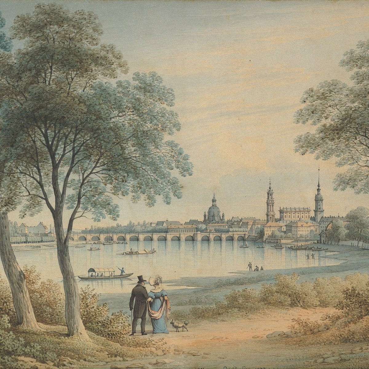 Hand-painted riverside cityscape with bridge view landscape oil painting on canvas