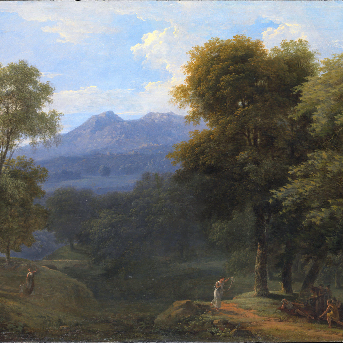 Landschaftsgemälde in Öl – Winterliche Flusslandschaft mit Figuren und Pferden