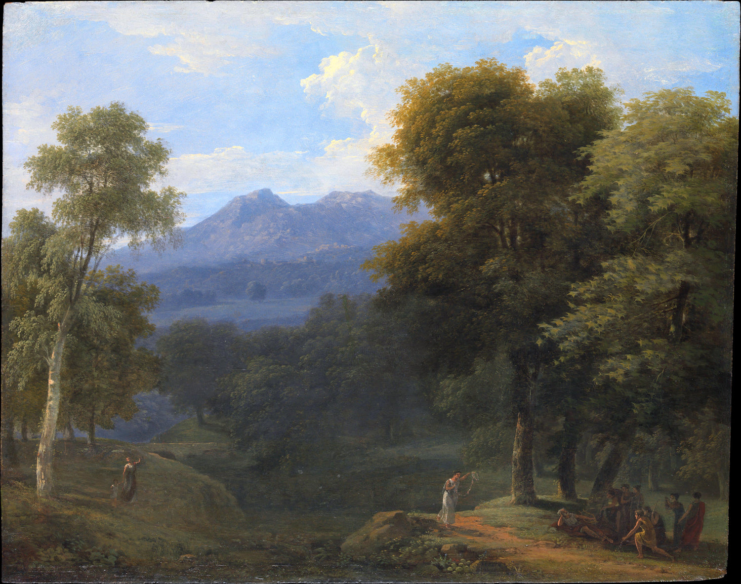 Landschaftsgemälde in Öl – Winterliche Flusslandschaft mit Figuren und Pferden