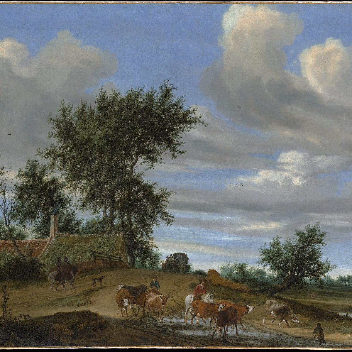 Landschaftsgemälde in Öl – Winterliche Flusslandschaft mit Figuren und Pferden