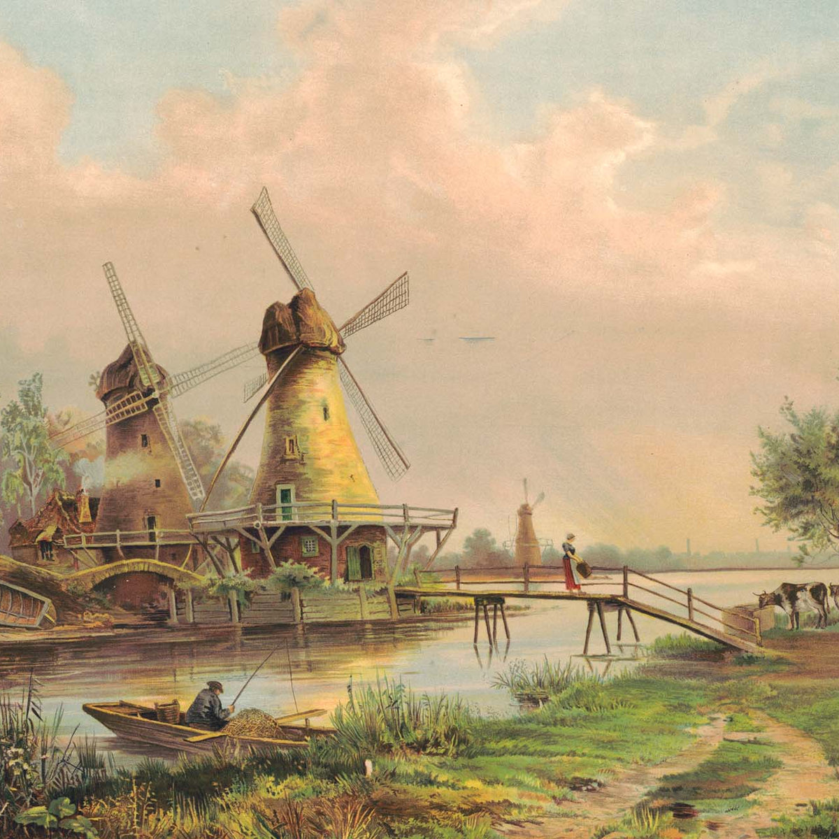 Landscape Oil Painting - Countryside Windmills by the River