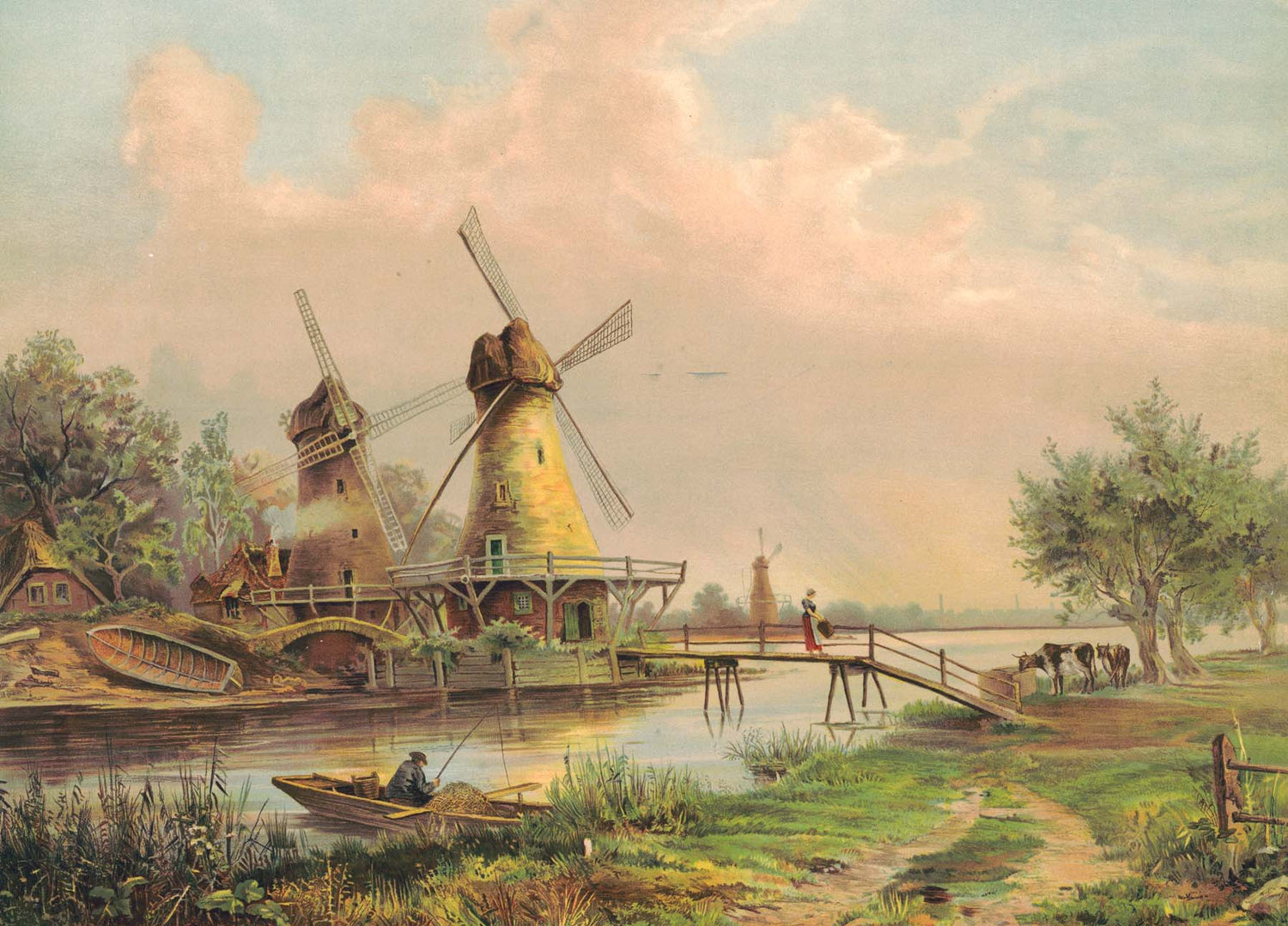 Landscape Oil Painting - Countryside Windmills by the River