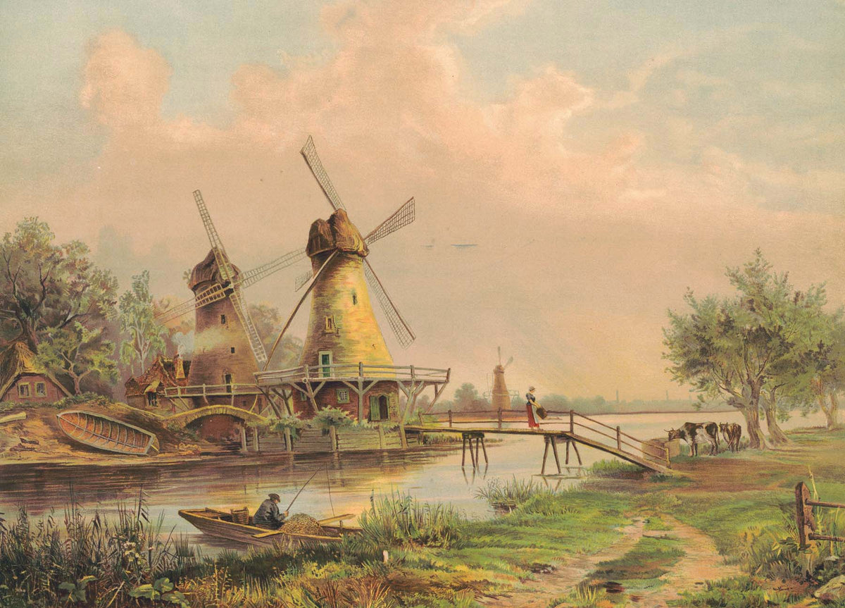 Landschaft Ölgemälde - Windmühlen auf dem Land am Fluss