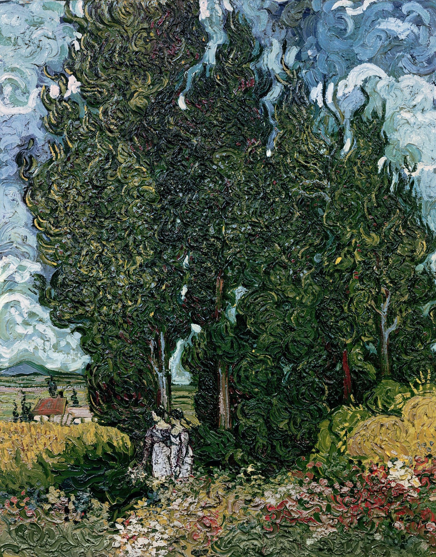 Cypresses with Two Female Figures - Oil Painting Haven