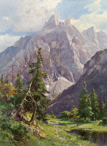 Landscape oil painting of an alpine mountain meadow with pine trees and a flowing river, hand painted oil on canvas. - Add Frame, Alpine, Canvas, Country, Field, Forest, Hand Painted, Landscape, Made To Order, Mountain, Oil Painting, River