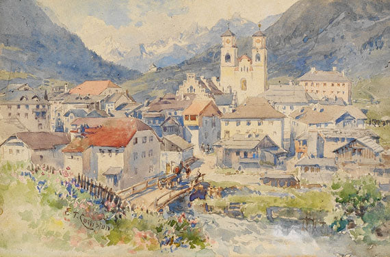 Landscape oil painting of an alpine village with a white church, rustic houses, and mountains in the background, textured. - Alpine, Architecture, Canvas, Church, Hand Painted, Landscape, Made To Order, Mountain, Oil Painting, Village