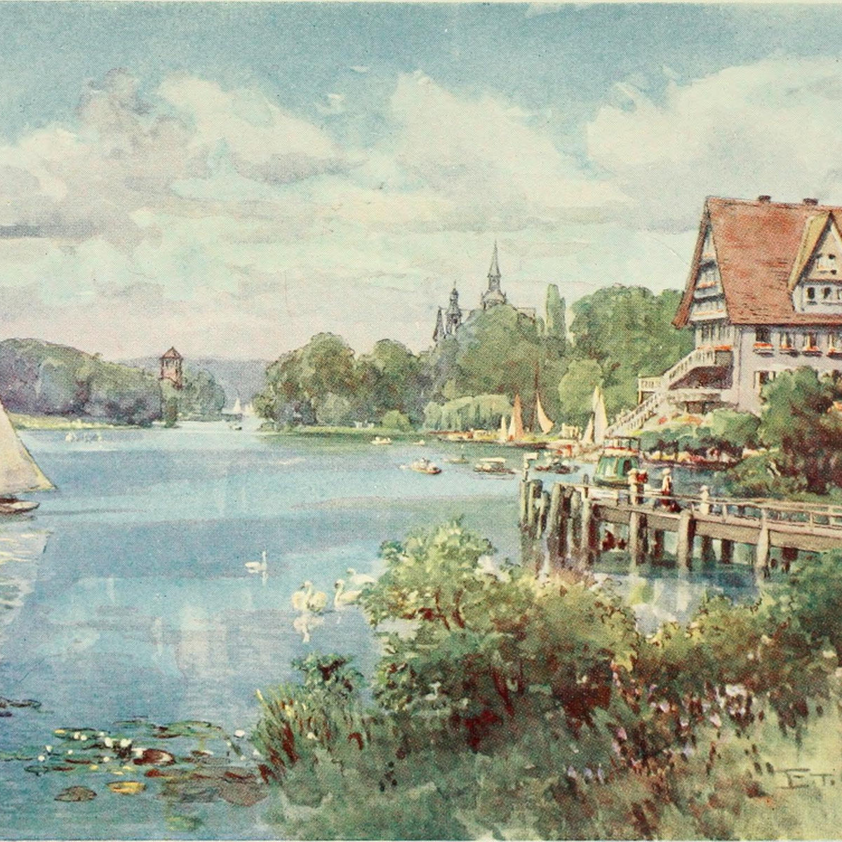 Hand-painted lakeside villa with sailboats and swans landscape oil painting on canvas