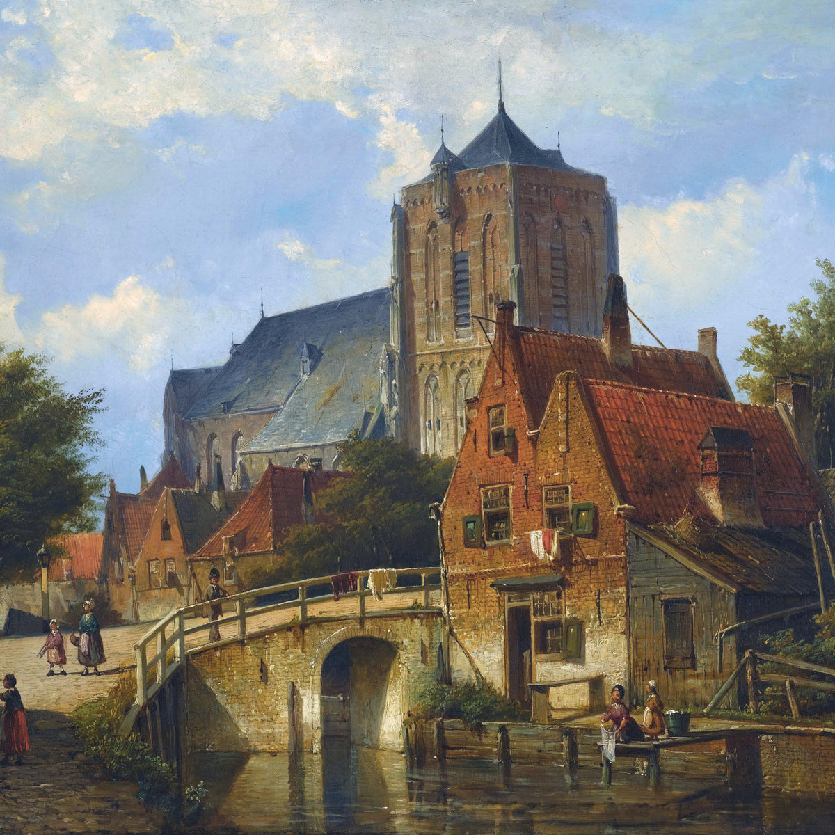 Peinture à l'huile de paysage - Église de ville sur un canal européen