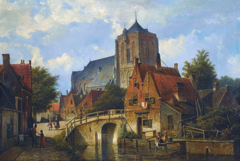 Peinture à l'huile de paysage - Église de ville sur un canal européen