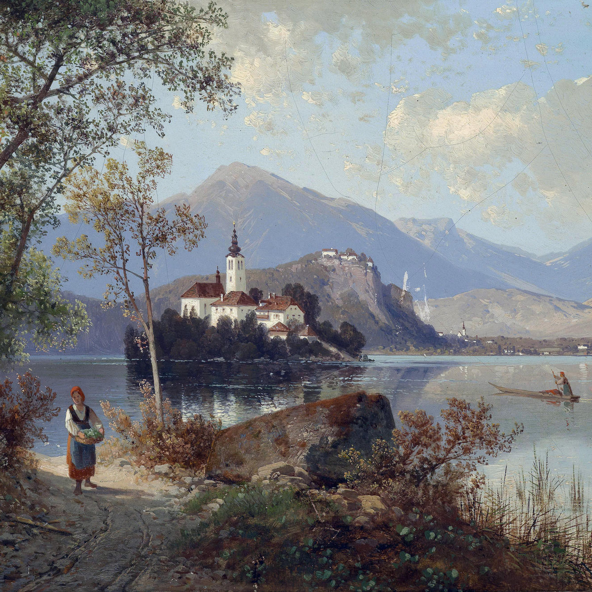 Peinture à l'huile de paysage - Village européen au bord d'un lac