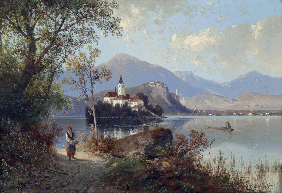 Peinture à l'huile de paysage - Village européen au bord d'un lac