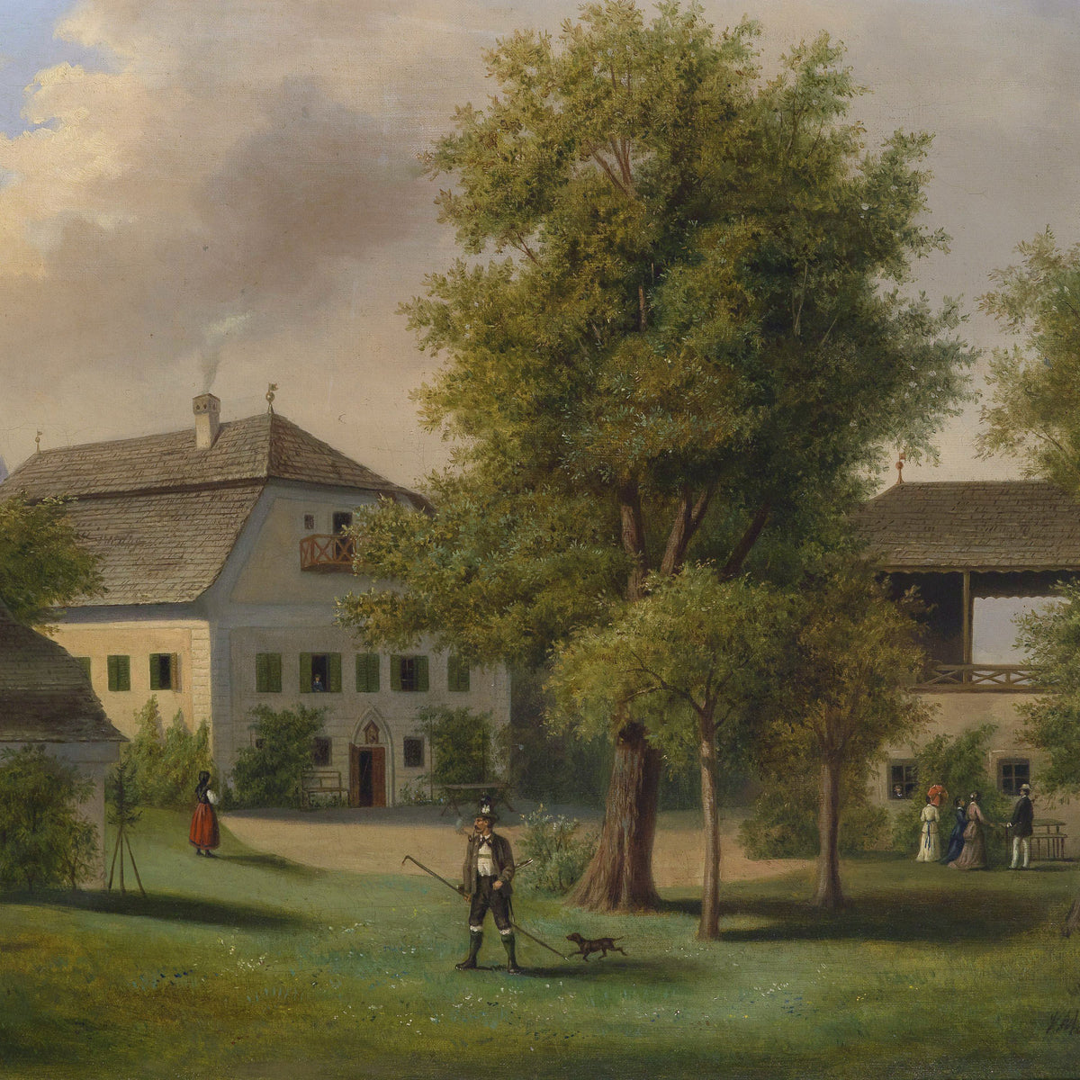Huile sur toile de paysage - Jardin de manoir européen avec personnages