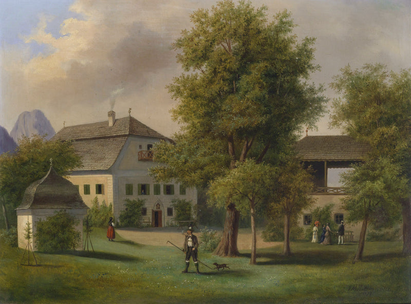 Huile sur toile de paysage - Jardin de manoir européen avec personnages