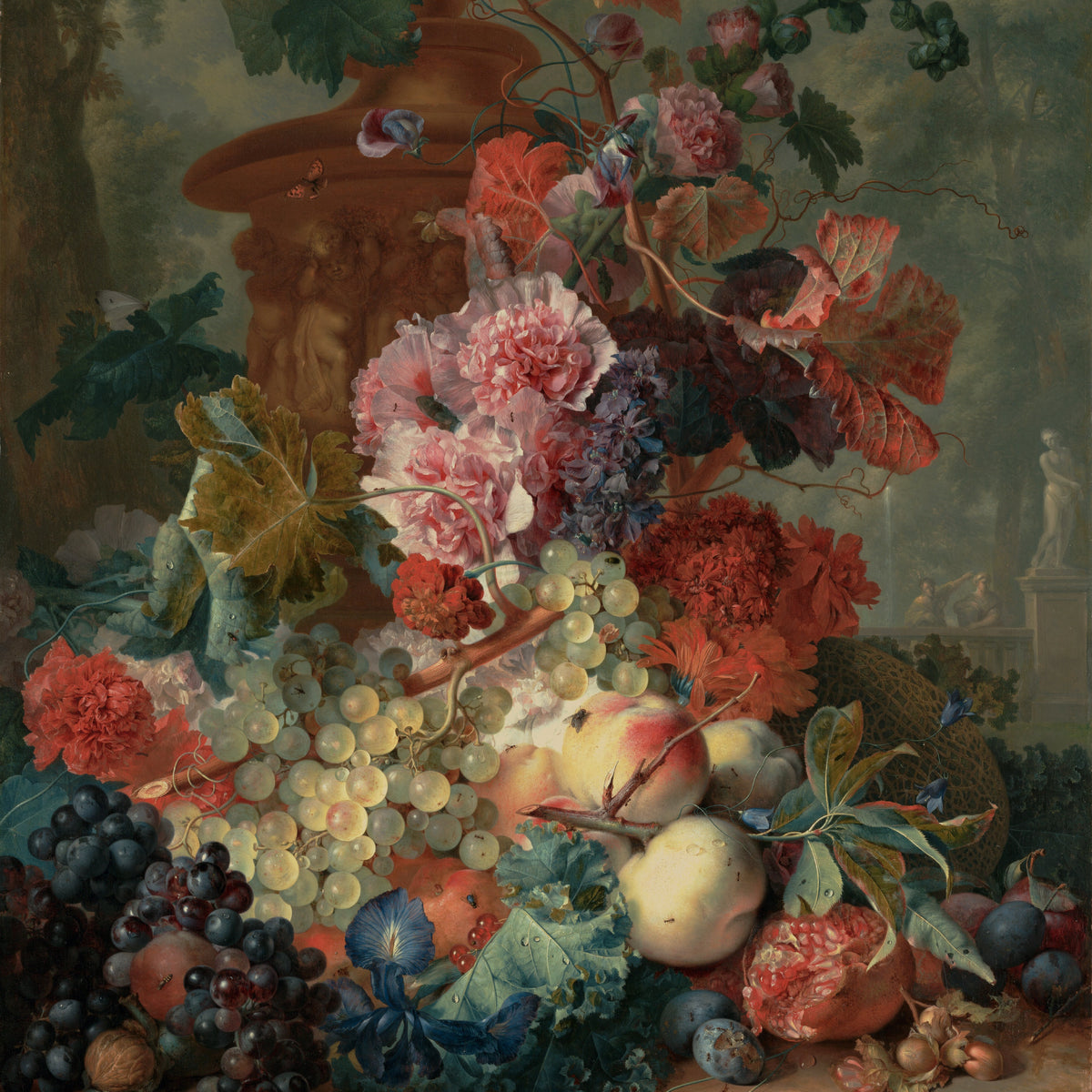 Floral Oil Painting - Bouquet with Fruits and Garden Scene