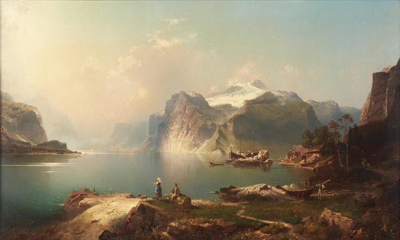 Landscape oil painting of a fjord lake with snowy mountains, boats on calm water, and textured brushwork on canvas. - Boat, Canvas, Figure, Hand Painted, Lake, Landscape, Made To Order, Mountain, Oil Painting