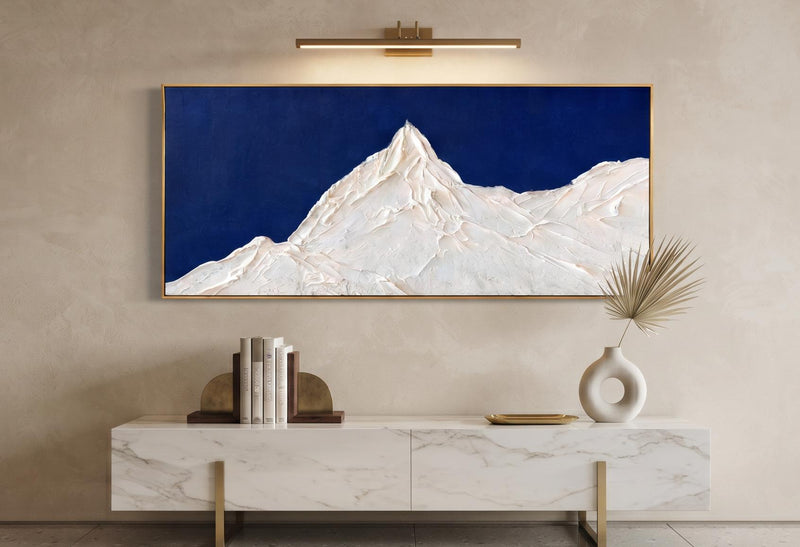 Abstract Oil Painting - White Impasto Mountain on Navy Blue Canvas
