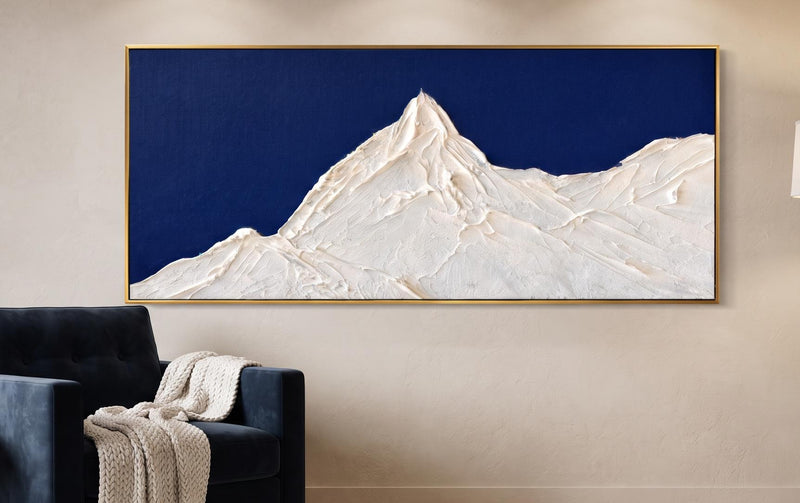 Abstract Oil Painting - White Impasto Mountain on Navy Blue Canvas
