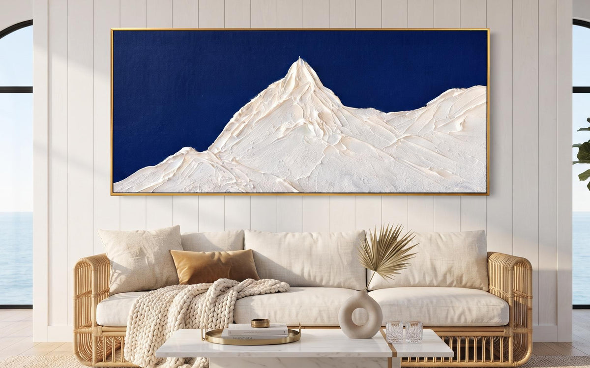 Abstract Oil Painting - White Impasto Mountain on Navy Blue Canvas