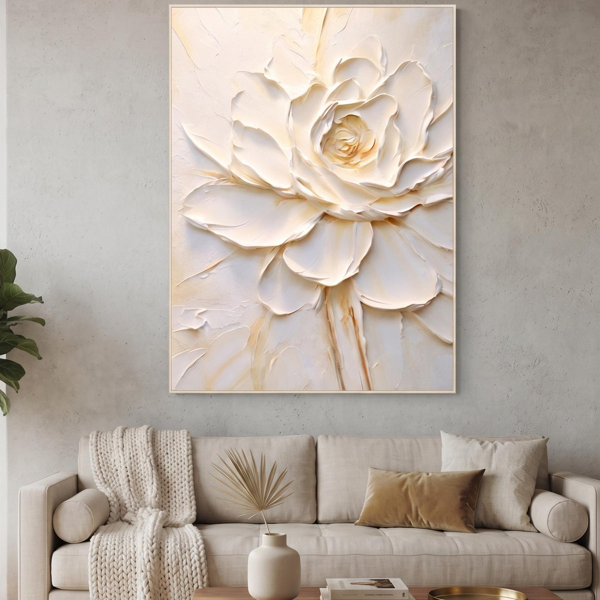 Abstract Oil Painting - White Impasto Rose Floral Canvas Wall Art