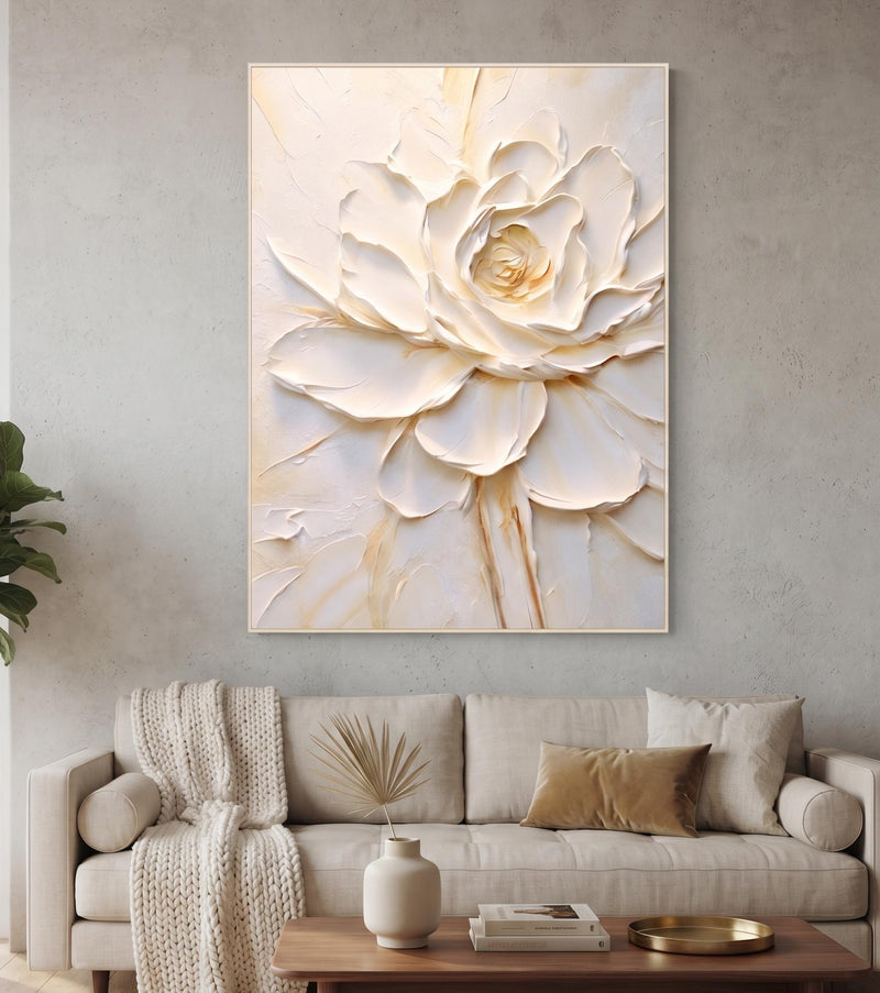 Abstract Oil Painting - White Impasto Rose Floral Canvas Wall Art