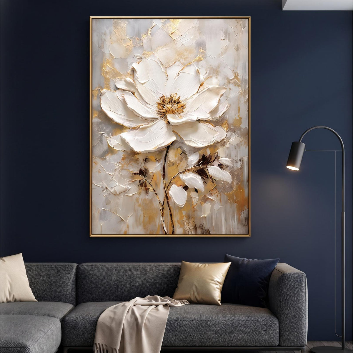 Abstract Oil Painting - White Magnolia Flower with Gold Texture