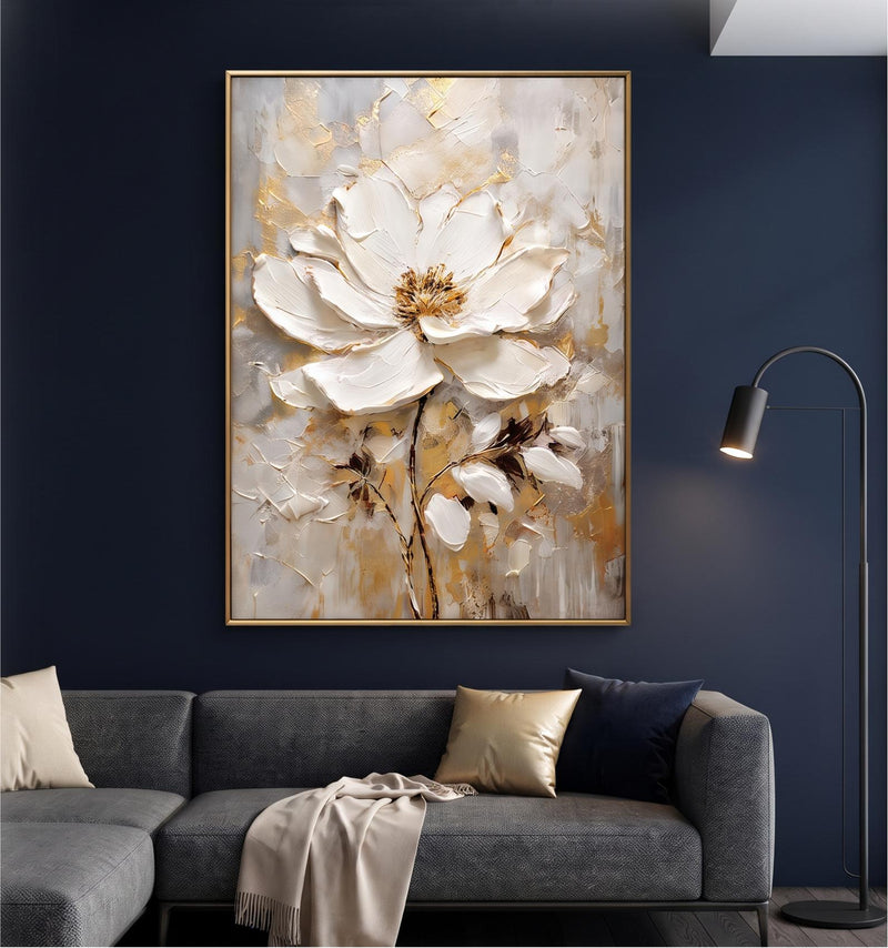 Abstract Oil Painting - White Magnolia Flower with Gold Texture