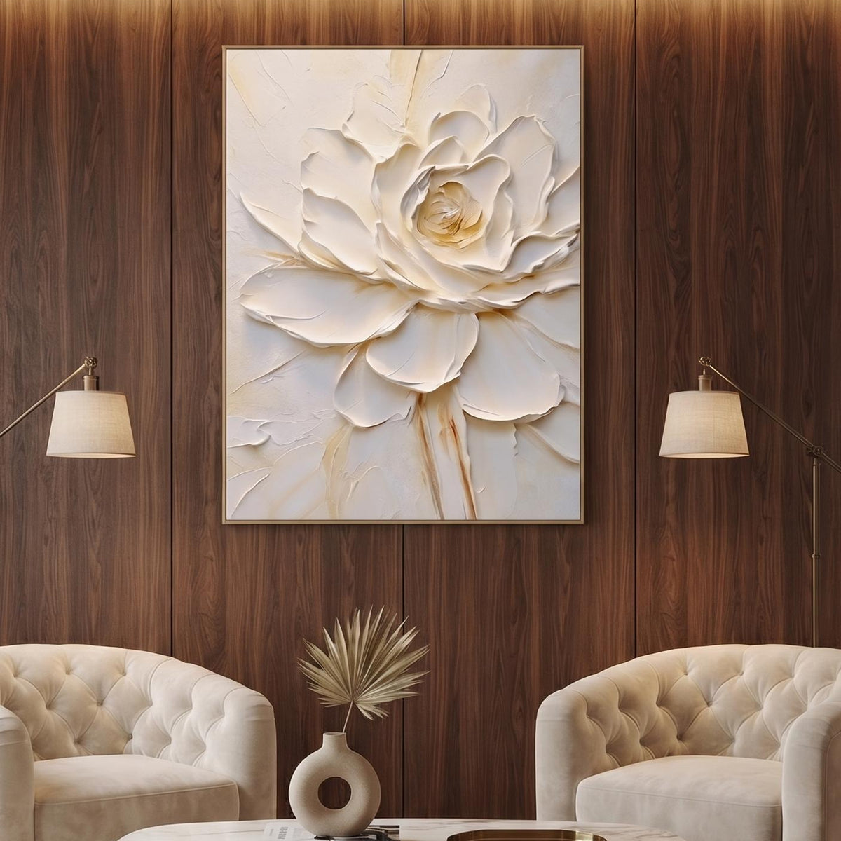 Abstract Oil Painting - White Impasto Rose Floral Canvas Wall Art