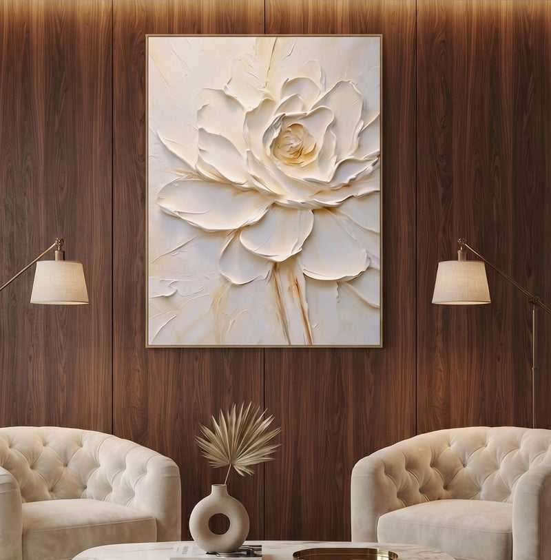Abstract Oil Painting - White Impasto Rose Floral Canvas Wall Art