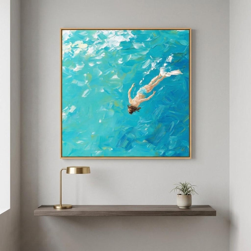 Abstract Oil Painting - Woman Diving into Turquoise Ocean Water