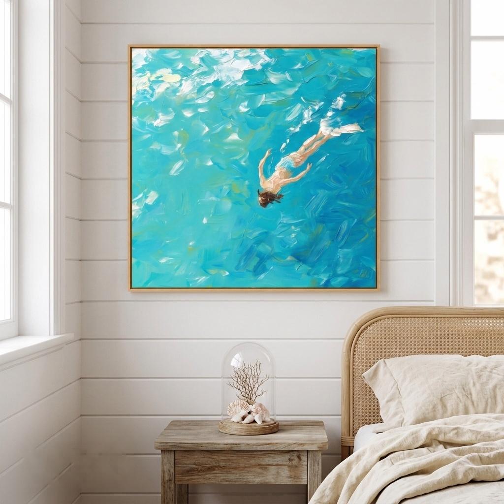 Abstract Oil Painting - Woman Diving into Turquoise Ocean Water