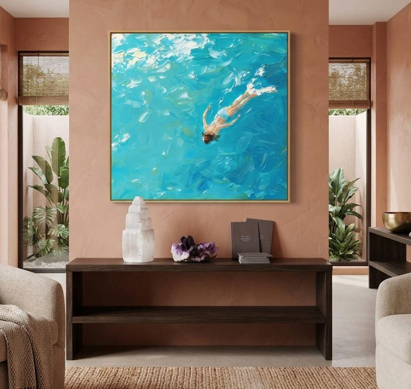 Abstract Oil Painting - Woman Diving into Turquoise Ocean Water