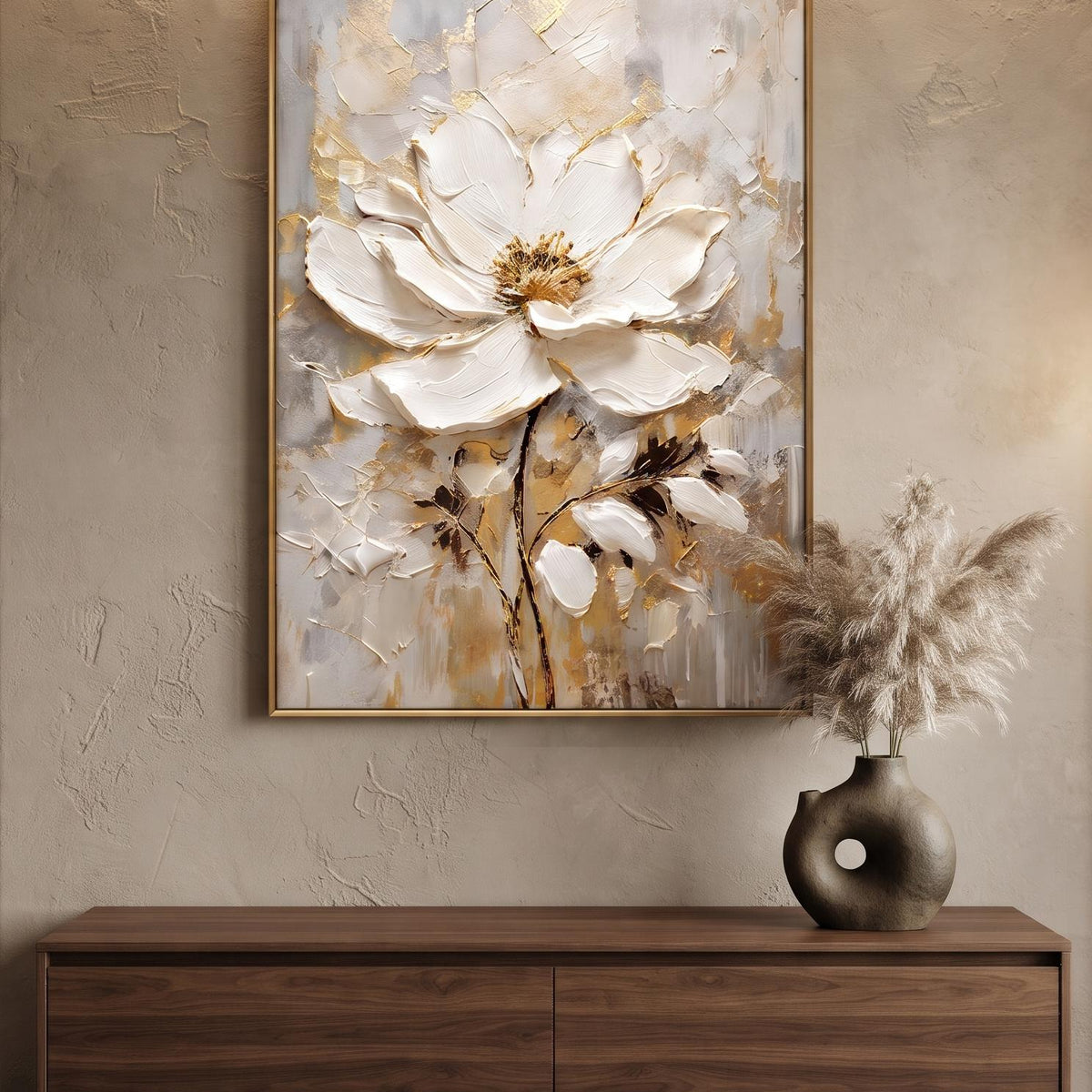 Abstract Oil Painting - White Magnolia Flower with Gold Texture