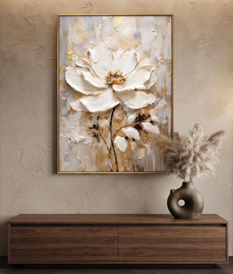 Abstract Oil Painting - White Magnolia Flower with Gold Texture