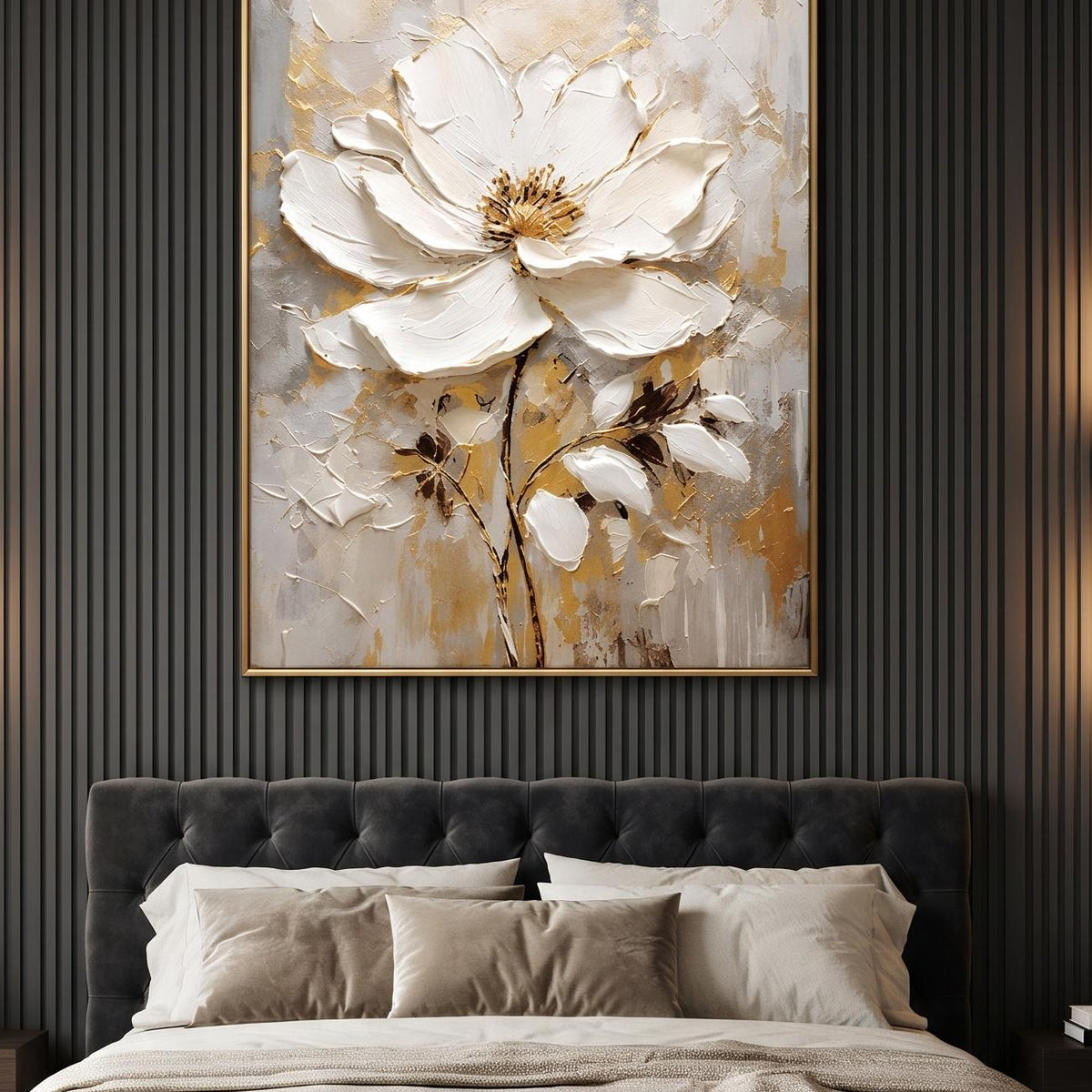 Abstract Oil Painting - White Magnolia Flower with Gold Texture