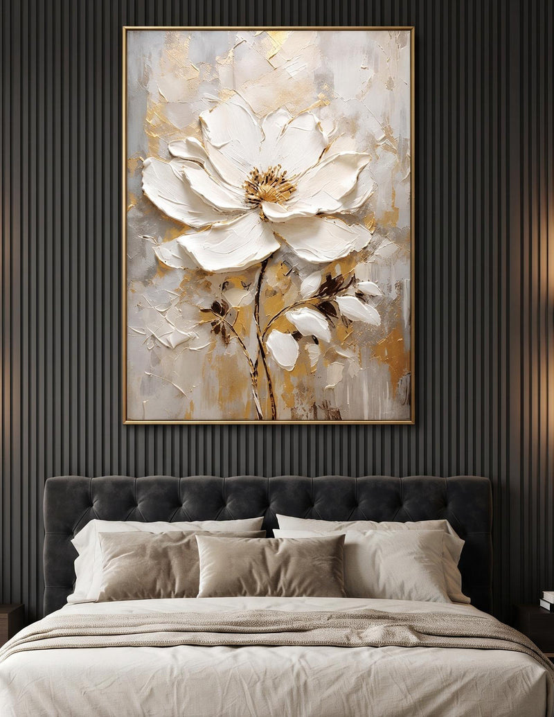 Abstract Oil Painting - White Magnolia Flower with Gold Texture