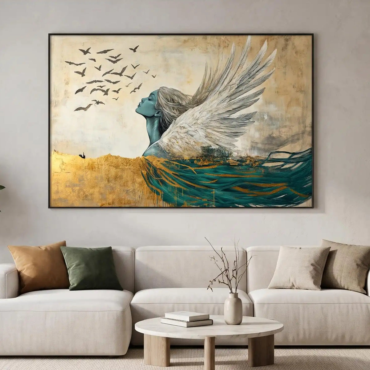 Abstract Oil Painting - Winged Woman in Gold and Teal Wall Art